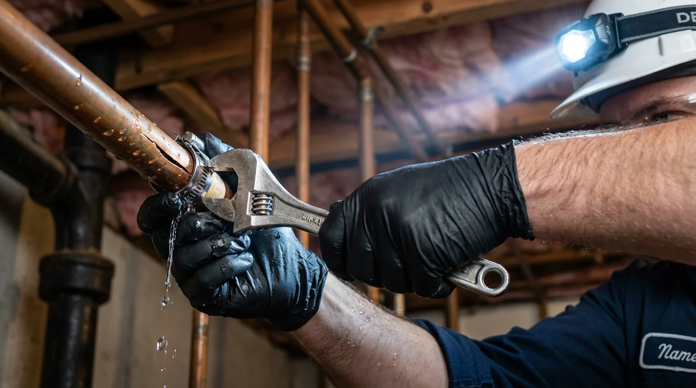 Emergency pipe clamp repair being performed by a Johns Plumbing LLC plumber in Sahuarita