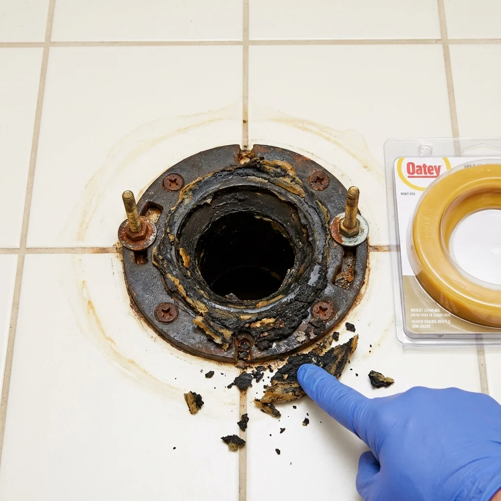 Failed wax ring showing water seepage at the base of a toilet in a Sahuarita, AZ home